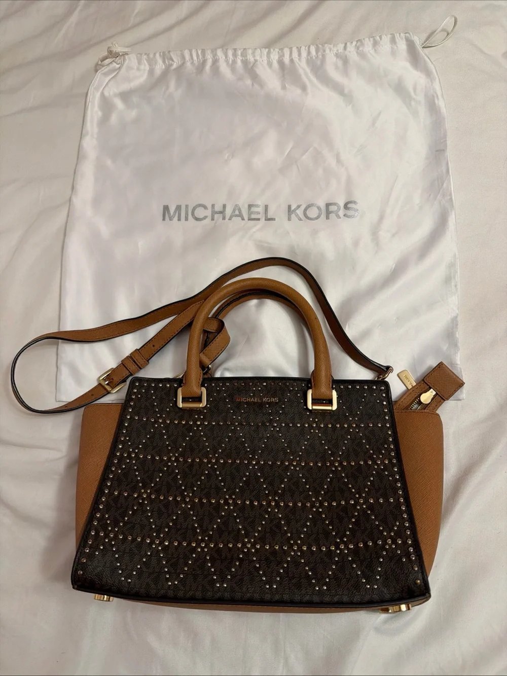 Michael Kors Black Front with Brown Trim Studded Satchel